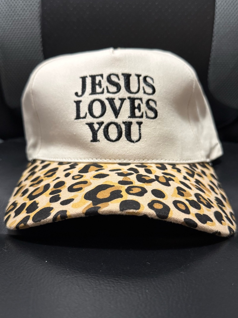 'Jesus Loves You' Embroidered Hat with Leopard Brim
